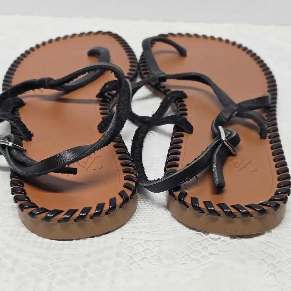 ZARA T-strap Thong Flat Sandals Black Genuine Leather Boho Minimalist 6.5 - Picture 3 of 8